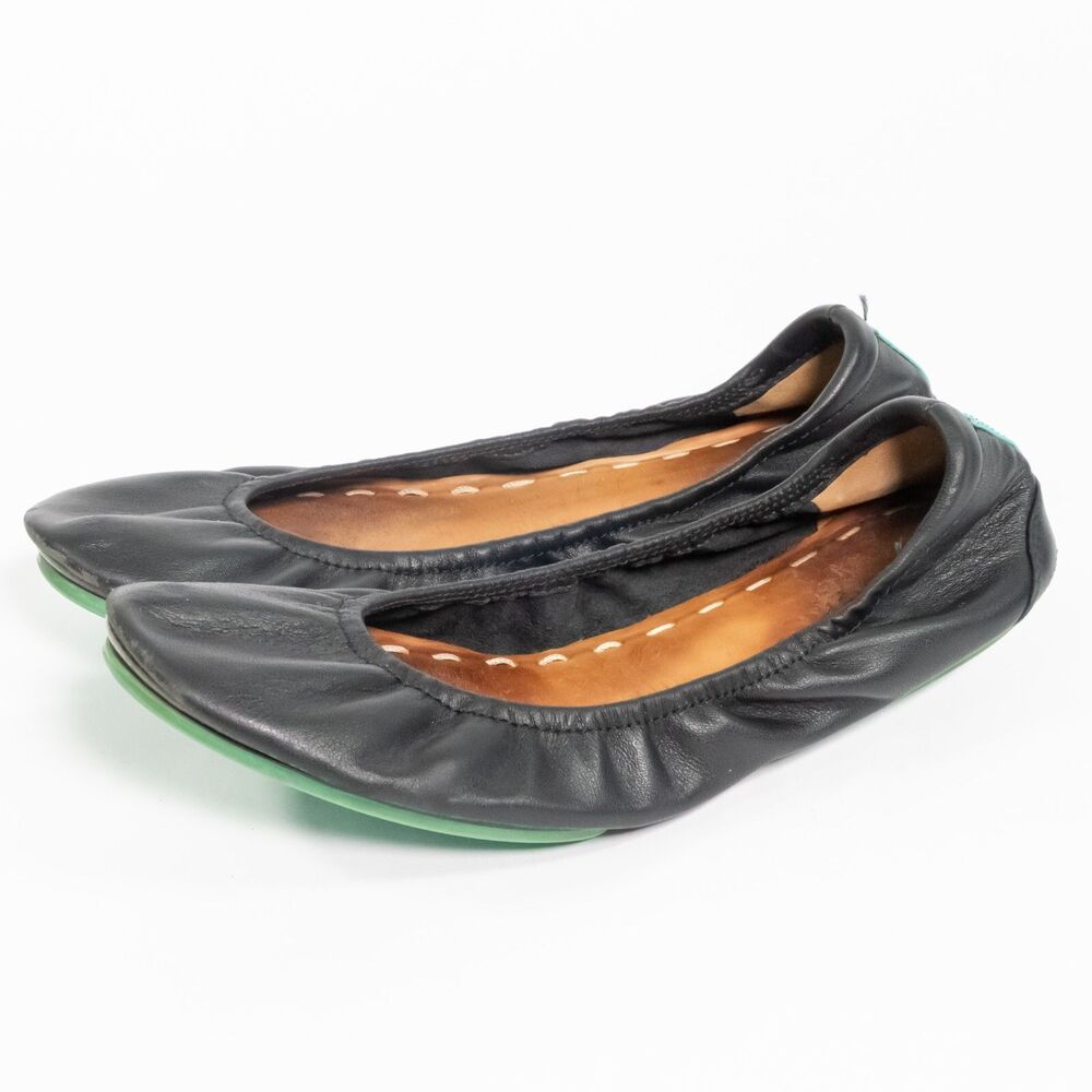 Tieks Black Leather Ballet Flats Size 7 Matte Foldable Shoes Blue Bottoms